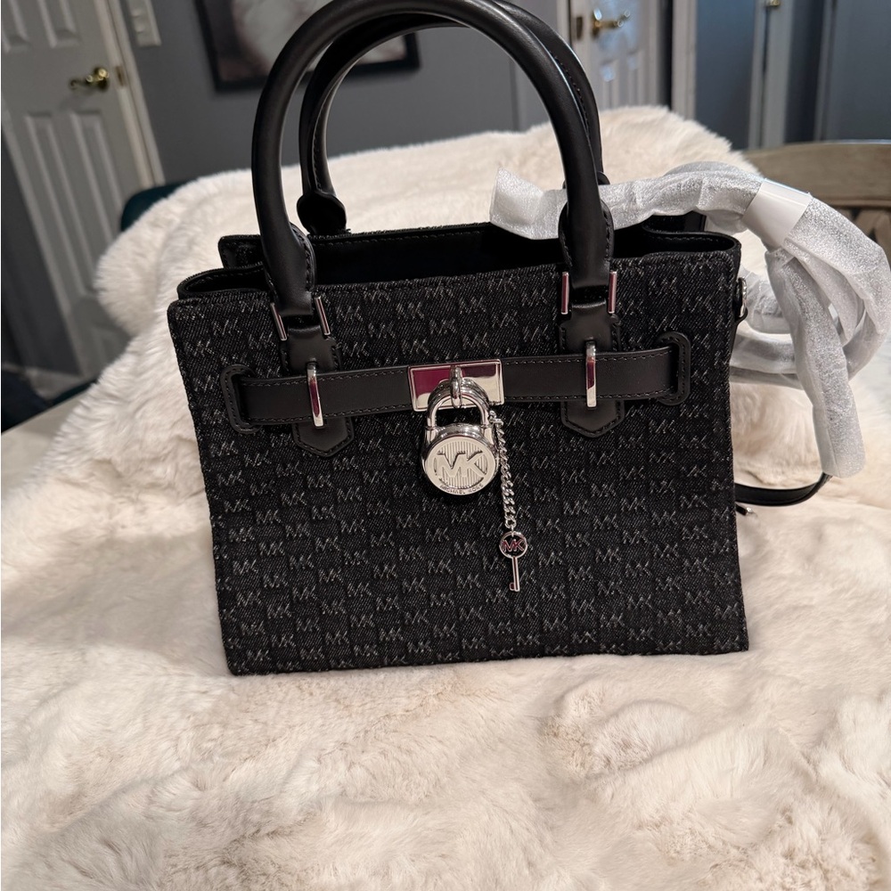 Michael Kors Hamilton Small Logo Embossed Washed Denim Satchel